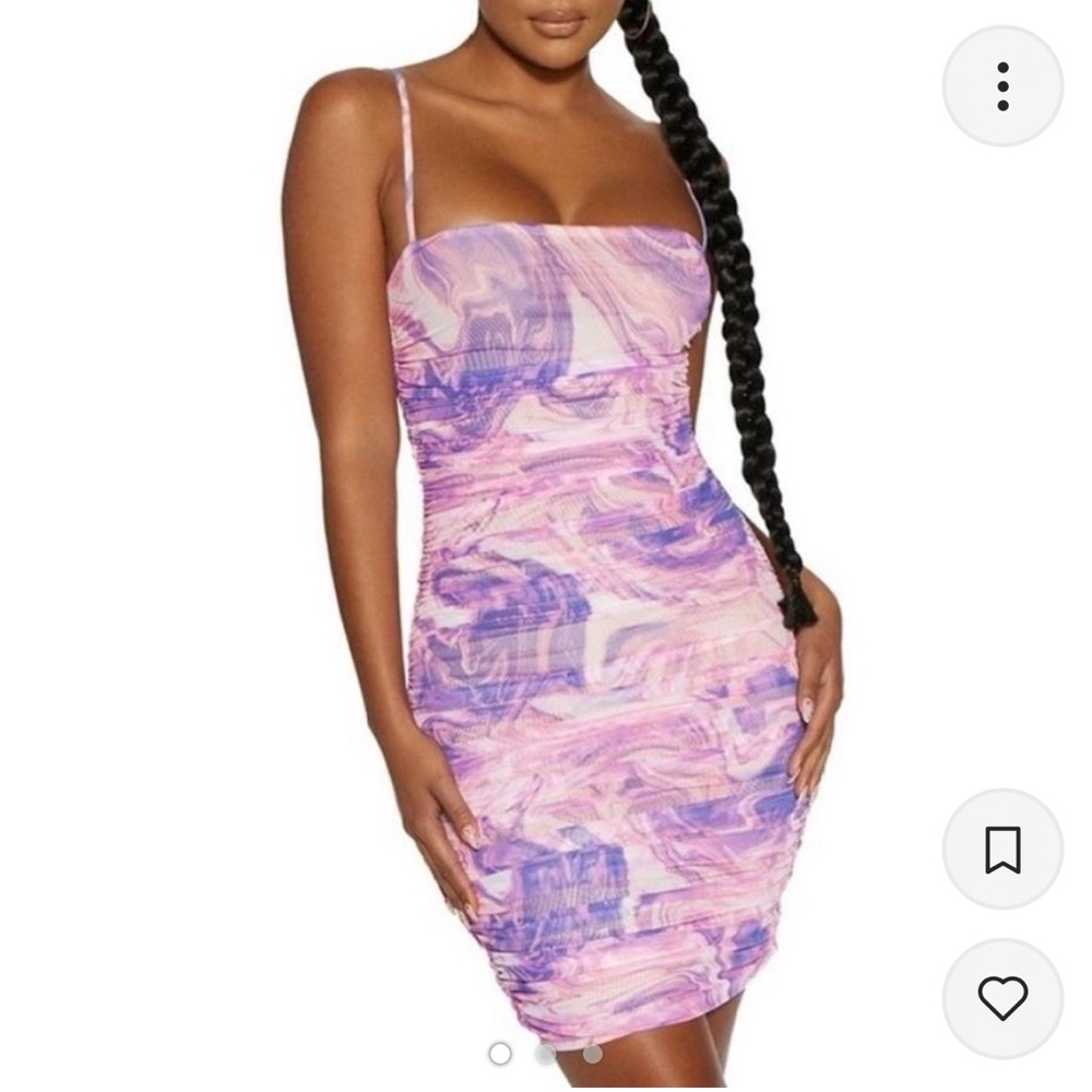 Naked Wardrobe tie dye dress in purple/pink with ruching on the sides